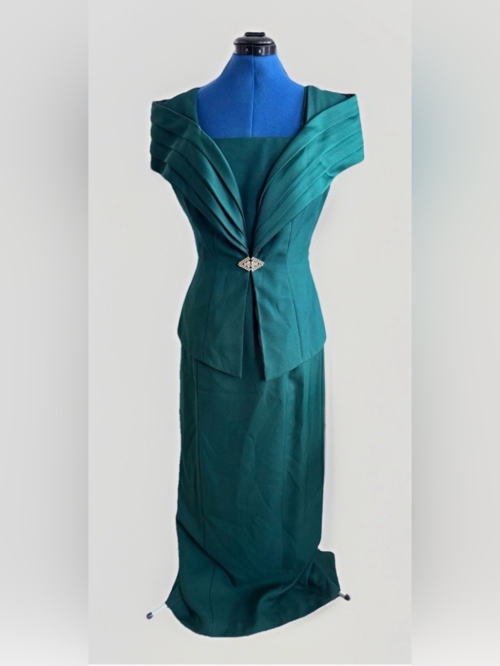 Vintage 90s Alex Evenings Emerald Green Satin  Dress & Jacket Set Gem Closure 6